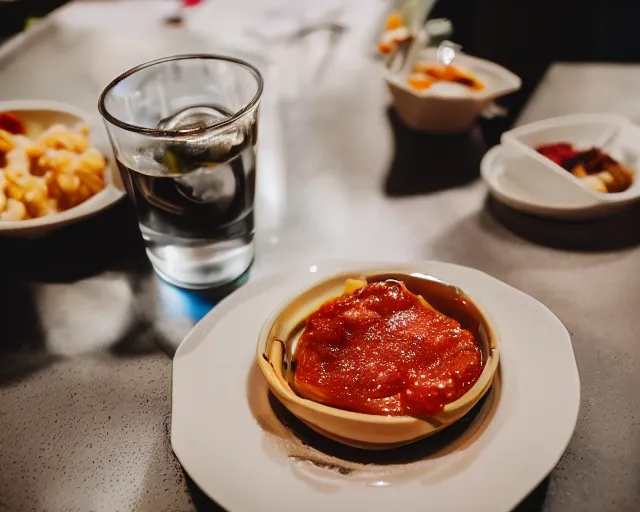 Prompt: 8 5 mm food photography of a plate of grilled airpods and ketchup at a restaurant with dof and bokeh and wine glasses o