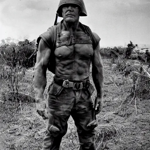 Prompt: Thanos as a soldier in Vietnam, award winning historical photograph