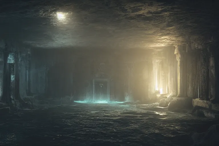 Image similar to dark pool in dark old citadel basement, low key, hyper realistic, ambient lighting, concept art, intricate, hyper detailed, smooth, dynamic volumetric lighting, octane, raytrace, cinematic, high quality, high resolution, 4 k, cgsociety, rutkowski, gurney