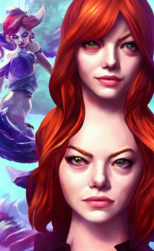 Prompt: Emma Stone as a character in the game League of Legends, with a background based on the game League of Legends, detailed face, old 3d graphics