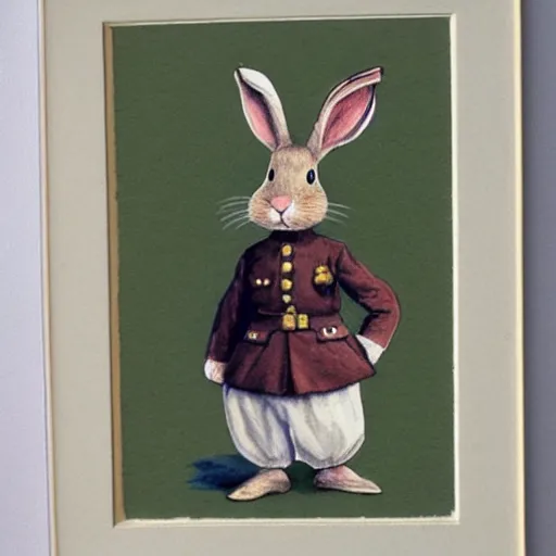 Image similar to a rabbit wearing a white ww1 uniform, watercolour