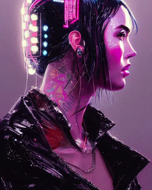 Prompt: detailed side profile portrait Neon Megan Fox, cyberpunk futuristic neon, reflective puffy coat, decorated with traditional Japanese ornaments by Ismail inceoglu dragan bibin hans thoma greg rutkowski Alexandros Pyromallis Nekro Rene Maritte Illustrated, Perfect face, fine details, realistic shaded, fine-face, pretty face