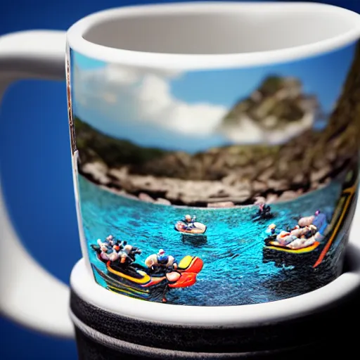 Prompt: tilt-shift photography of a group of scuba divers inside of a coffee mug, 8k, highly detailed, realistic