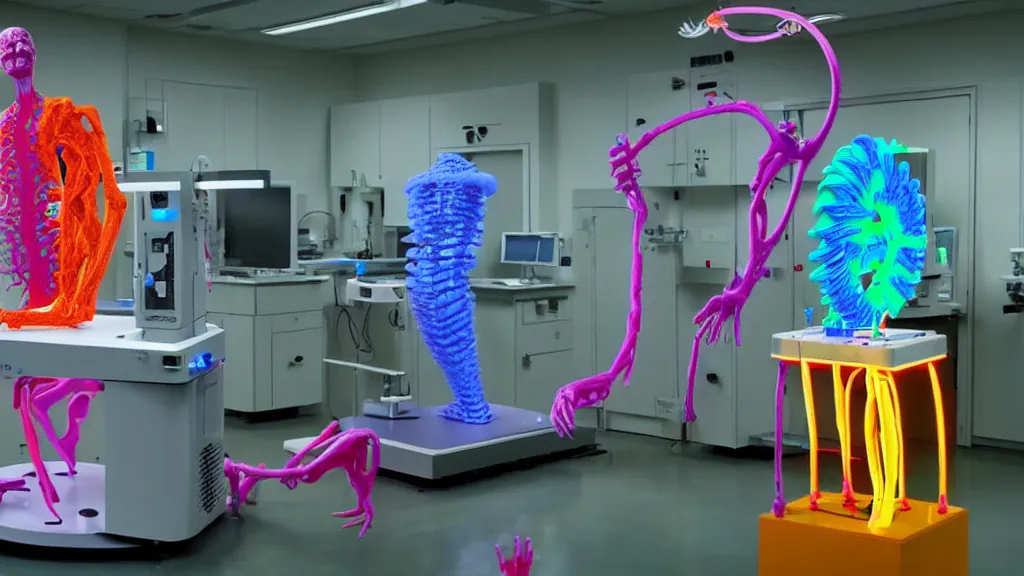 Image similar to a complex bifurcated surgical arm hybrid mri 3 d printer machine making colorful mutant forms with control panels in the laboratory inspection room, film still from the movie directed by denis villeneuve with art direction by salvador dali, wide lens