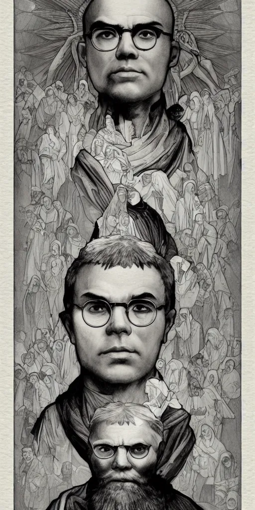 Prompt: portrait saint maximilian kolbe info graphic in the art style of leonardo da vinci pencil, ultra detailed illustration art by artgerm and greg rutkowski and alphonse mucha and junji ito, 8 k