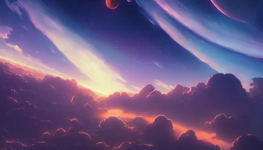 Image similar to A highly detailed matte painting of the sunset in space, purple, by Studio Ghibli, Makoto Shinkai, by Artgerm, by beeple, by Greg Rutkowski, volumetric lighting, octane render, 4K resolution, trending on artstation, masterpiece