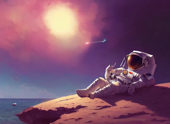 Image similar to an astronaut sunbathing at the beach with, isometric, complimentary colors, perfect lighting, aesthetic, masterpiece, award winning, artstation, 4 k, darek zabrocki, greg rutkowski, artgerm