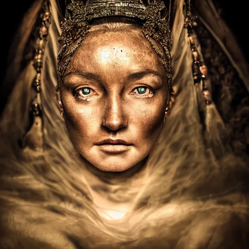 Image similar to stunning beautiful portrait photography of a face detailing medieval Countess from national geographic magazine award winning, dramatic lighting, taken with Sony alpha 9, sigma art lens, medium-shot