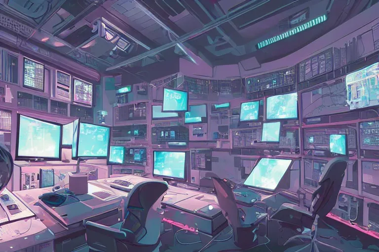 Prompt: a computer room filled with lots of monitors, cyberpunk art by tomer hanuka, cgsociety, retrofuturism, greeble, dystopian art, circuitry