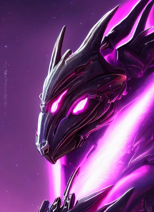 Image similar to cinematic goddess close shot, cosmic size beautiful stunning elegant hot giant robot mecha female dragon, sharp cyborg dragon head, metal ears, led glowing purple eyes, smooth fuschia skin, smooth silver armor, in space, epic proportions, macro, epic size, epic scale, furry art, dragon art, giantess art, warframe fanart, furaffinity, octane