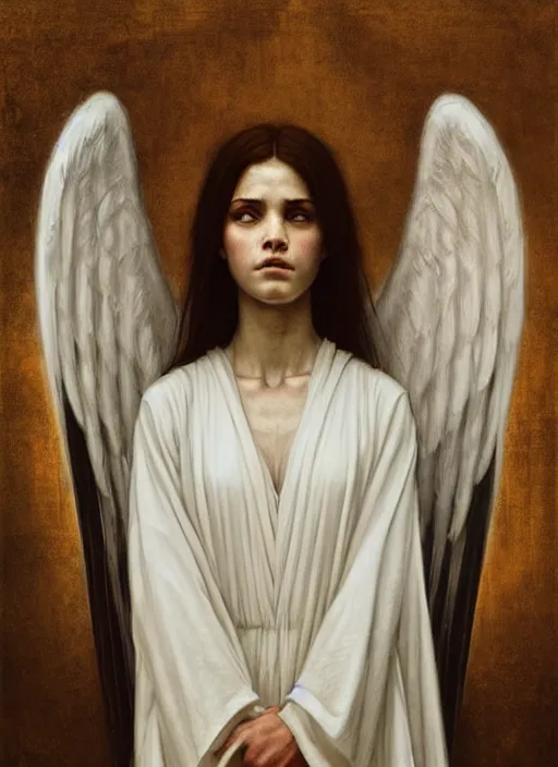 Image similar to portrait of angel in white robes. realistic shaded lighting poster by greg rutkowski, john william waterhouse, trending on art statio. highly detailed, symmetrical face.