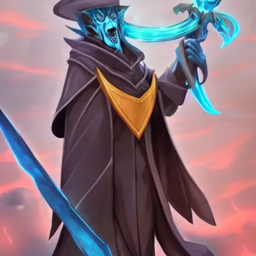 Image similar to Karthus from League of Legends holding a magical staff, laughing, anime art style