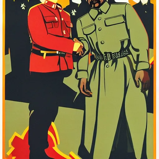 Image similar to a majestic soviet propaganda poster of stalin shaking hands with kanye west