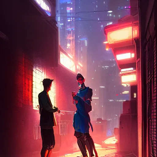 Image similar to two people haggling, detailed digital illustration by greg rutkowski, cyberpunk back alley, nighttime, colorful lighting, android netrunner