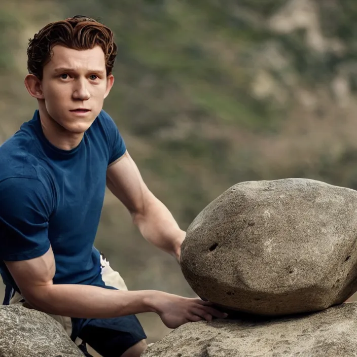 Image similar to photo of tom holland with the body of the rock, hyper detailed, 8 k, ultra hd.