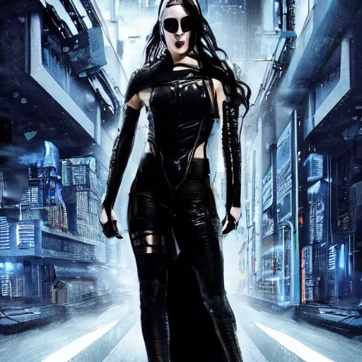 Image similar to Katie McGrath as Cyberpunk Morgana