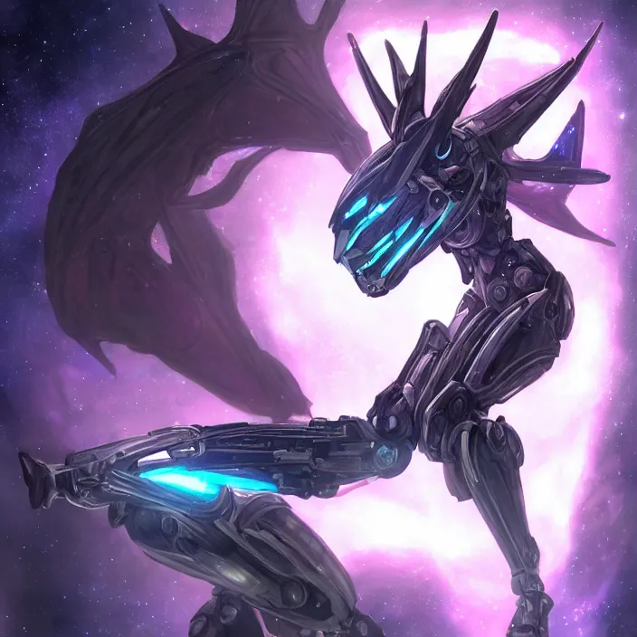 Image similar to cinematic shot, bust, cosmic sized perfectly proportioned stunning hot female warframe, anthropomorphic robot mecha female dragon, dragon head, silver, fuschia leds, floating in empty space, nebula sized, holding a galaxy, epic proportions, epic size, epic scale, furry art, dragon art, giantess art, warframe fanart, furaffinity, deviantart