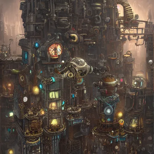 Image similar to robot city, steampunk art, fantasy style, super high detail, super high quality, talented artist, trending on artstation, machinarium