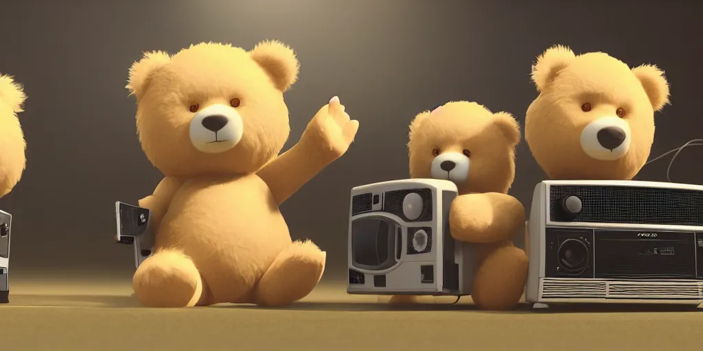 Image similar to two fluffy bears playing coleco vision with an old tv, octane render, 8 k resolution, cinematic