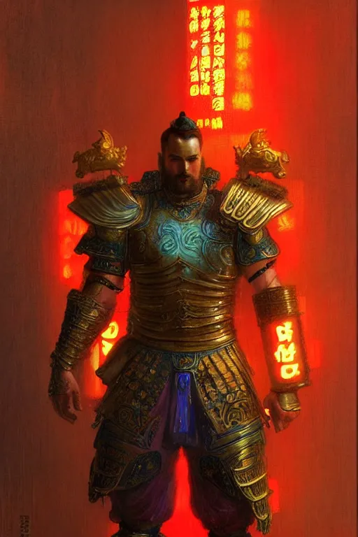 Image similar to attractive beefy male with armor, ming dynasty, character design, colorful, neon lights, cyberpunk, painting by gaston bussiere, craig mullins, j. c. leyendecker, tom of finland