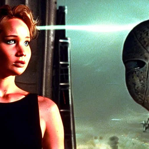 Prompt: movie still from independence day (1996), rendering of jennifer lawrence looking at an alien,