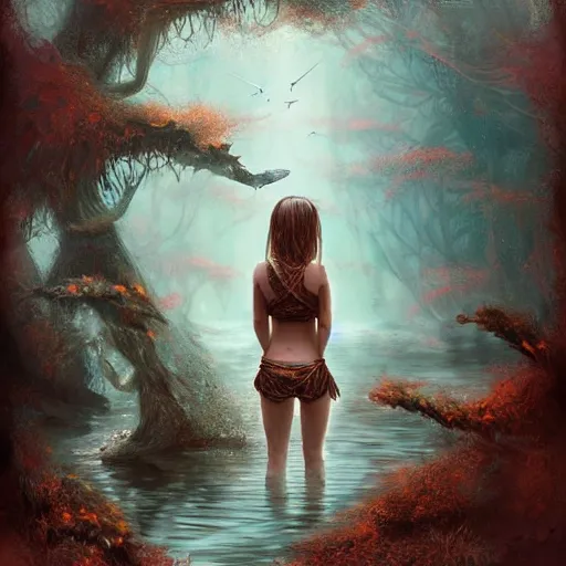 Image similar to girls in a fantasy river by leesha hannigan, fantasy, artwork, digital art, detailed faces