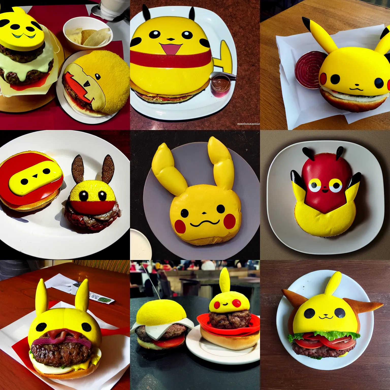 Prompt: burger in the shape of pikachu pikachu, photo