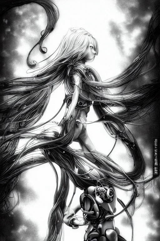 Image similar to a vertical portrait of a character in a scenic environment by Yoshitaka Amano, black and white, dreamy, cybernetic suit, wavy long black hair, highly detailed