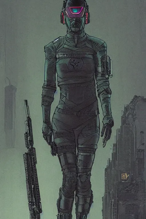 Image similar to selina. blackops mercenary in near future tactical gear, stealth suit, and cyberpunk headset. Blade Runner 2049. concept art by James Gurney and Mœbius.