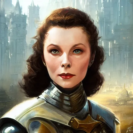 Image similar to closeup portrait of a young vivian leigh as female knight, city background, megacity, high fantasy, dramatic light, gorgeous view, depth, high detail, digital art, painted by greg rutkowski, trending on artstation