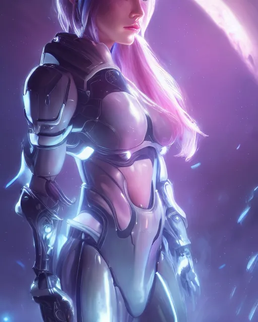 Image similar to perfect android girl on a mothership, warframe armor, beautiful face, scifi, futuristic, galaxy, nebula, raytracing, dreamy, long white hair, blue cyborg eyes, sharp focus, cinematic lighting, highly detailed, artstation, divine, by gauthier leblanc, kazuya takahashi, huifeng huang