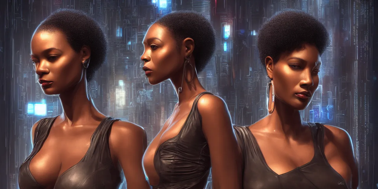 Image similar to a beautiful african american woman, Blade runner artifacts, electronic case display, cyberpunk tech, ultrarealistic, futuristic, three point lighting, dramatic lighting, electrical details, high details, 4k, 8k, best, accurate, trending on artstation, artstation, photorealism, ultrarealistic, digital painting, style of Wayne Barlowe, Caravaggio, Dali, Boris Vallejo, Hajime Sorayama