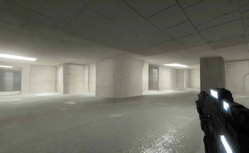 Image similar to in - game screenshot of a first person shooter on unreal engine 5, narrow modern hallways of a secret government facility, white dry wall, photorealistic, retrofuturism