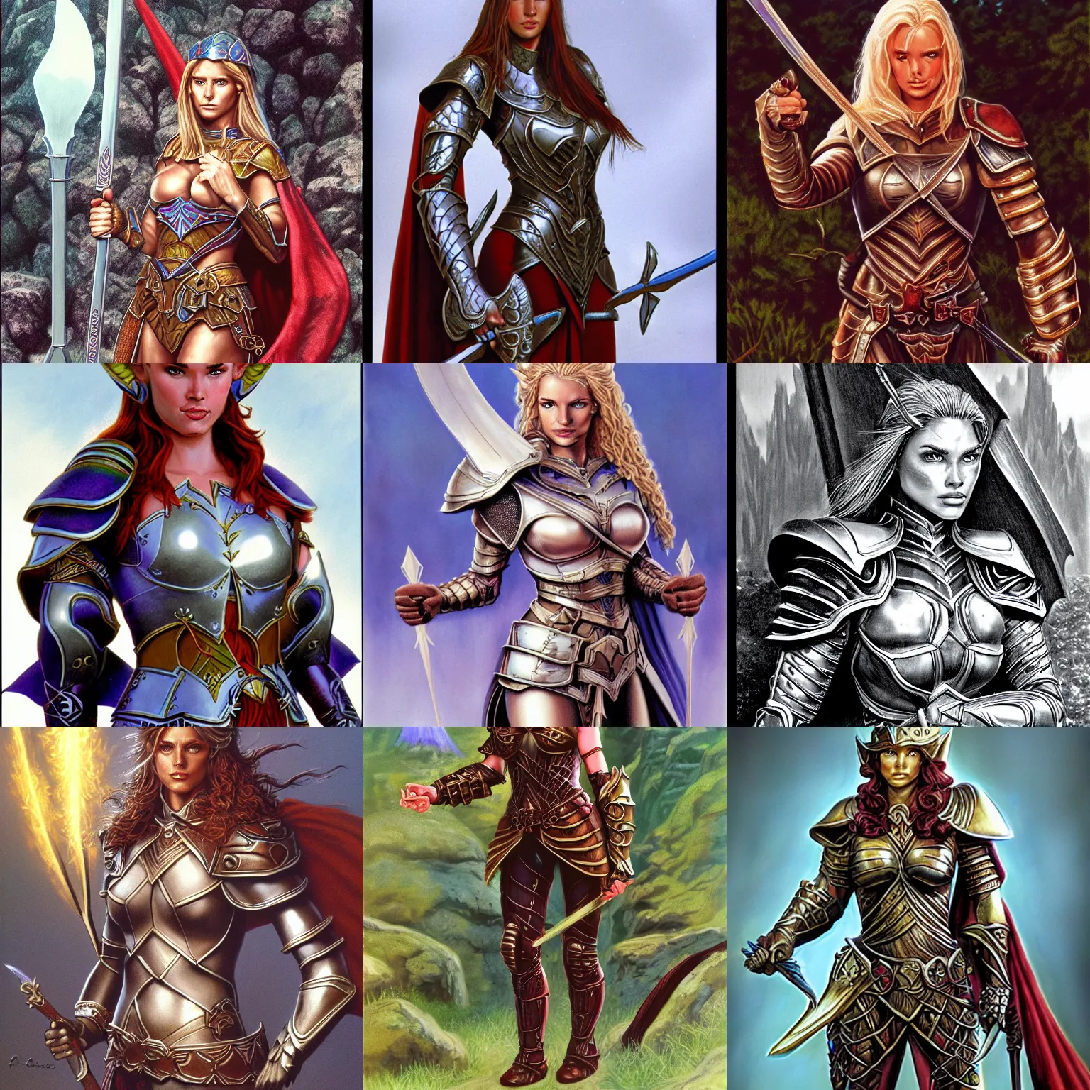 Prompt: elf, female, beautiful, paladin, in armor, D&D, hyper realistic, scanned, artstation, by Larry Elmore, copyright TSR 1989