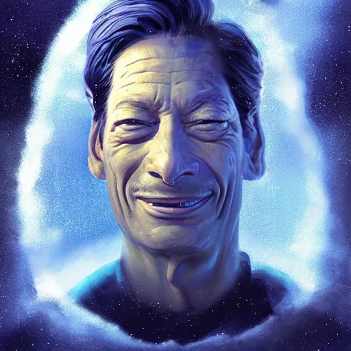 Image similar to sci - fi, close - up, 3 d, moon rays, night, jim varney face, cinematic, clouds, moon rays, vogue cover style, poster art, blue mood, realistic painting, intricate oil painting, high detail illustration, figurative art, multiple exposure, water, 3 d, by tooth wu and wlop and beeple and greg rutkowski