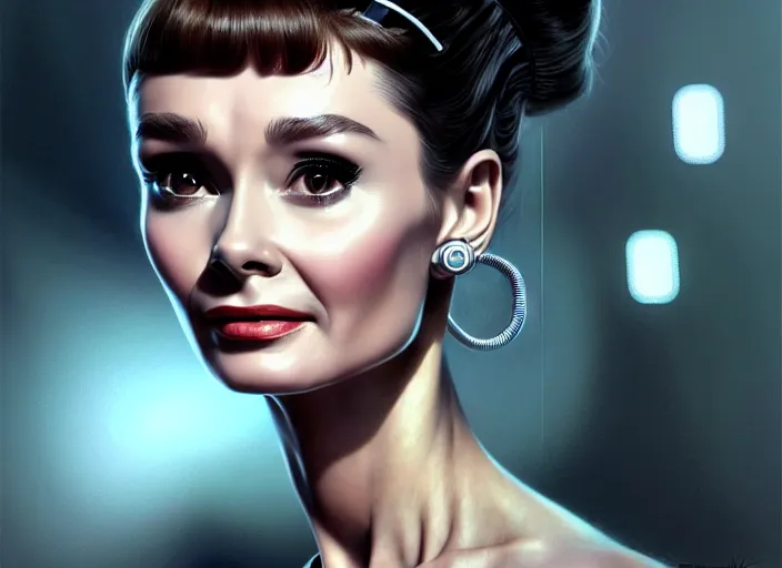 Image similar to portrait shot of a audrey hepburn wearing cyberpunk clothing in cyberpunk 2 0 7 7, intricate, elegant, highly detailed, centered, digital painting, artstation, concept art, smooth, sharp focus, illustration, artgerm, tomasz alen kopera, peter mohrbacher, donato giancola, joseph christian leyendecker, wlop, boris vallejo