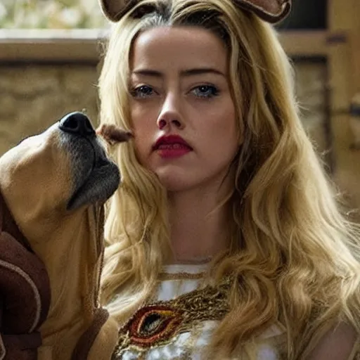 Prompt: Amber Heard in a dog costume silently placing her poop in a bed. medieval style