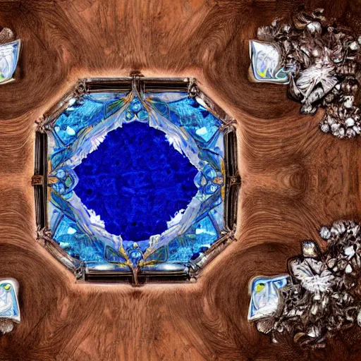 Prompt: a blue cystal in the wood table in digital in art intricate, fantasy