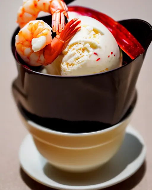 Prompt: dslr food photograph of a cup of ice cream sundae with shrimps on. 8 5 mm f 1. 4