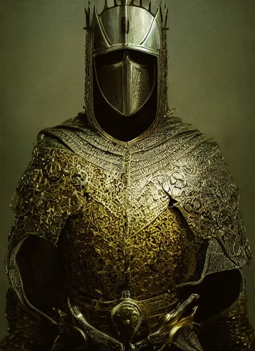 Image similar to portrait of a scared king arthur knight, kintsugi, modern fine art, fractal, intricate, elegant, highly detailed, digital photography, subsurface scattering, by jheronimus bosch and frank miller and greg rutkowski,