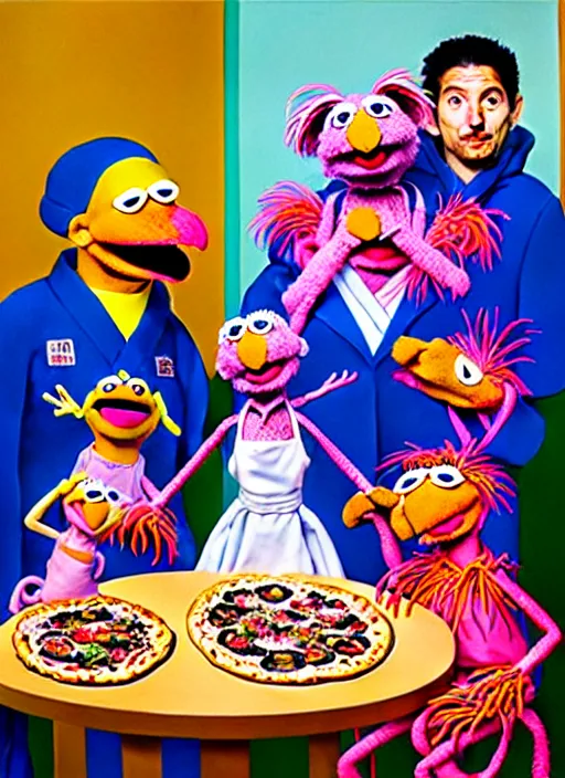 Image similar to hyper detailed painting of an muppet family in japanese clothes in an old italian restaurant eating flamingo pizza and drinking blue wine by Bel Fullana, Rhys Lee, Storm Thorgerson, and Danny Fox, neo expressionism art, semi naive, rich deep colors. Allison Schulnik painting, part by Adrian Ghenie and Gottfried Helnwein. art by Ron Mueck. masterpiece