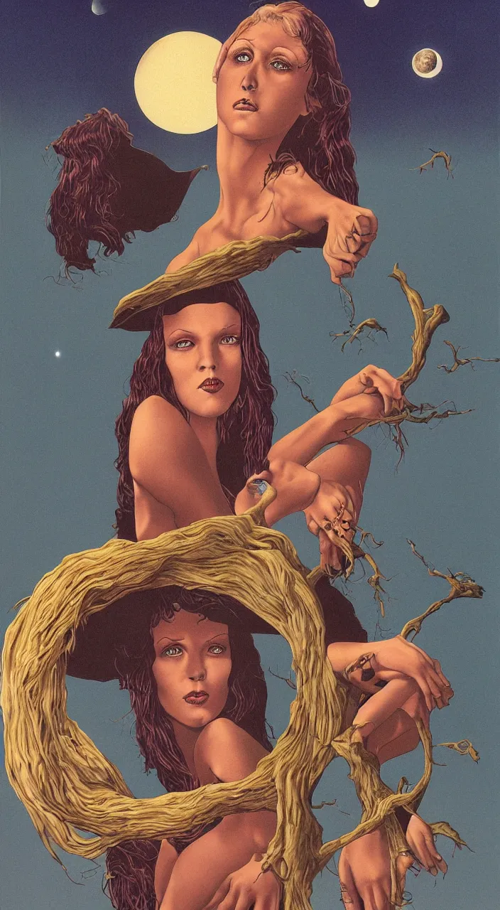 Prompt: portrait of a beautiful young witch with a moon above her in the sky by richard corben airbrush