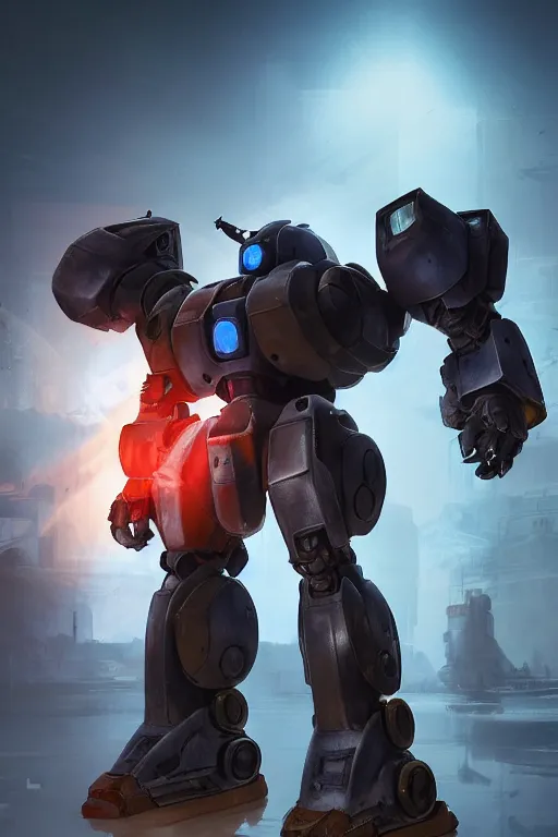 Image similar to mechwarrior 5 : mercenaries mech megaman transformer robot boss tank engine game octane render, 4 k, hd 2 0 2 2 3 d cgi rtx hdr style chrome reflexion glow fanart, global illumination ray tracing hdr fanart arstation by ian pesty by jesper ejsing pixar and disney unreal zbrush central hardmesh