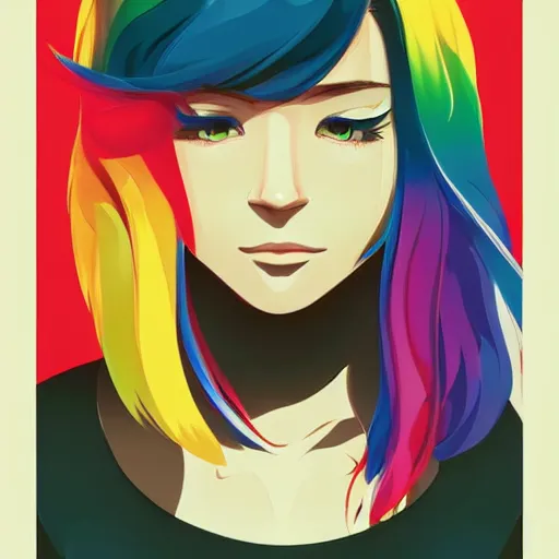 Image similar to a young woman with beautiful rainbow hair and lots of tattoos on her arms and chest. clean cel shaded vector art. shutterstock. behance hd by lois van baarle, artgerm, helen huang, by makoto shinkai and ilya kuvshinov, rossdraws, illustration, art by ilya kuvshinov