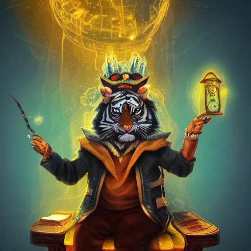 Image similar to a wizard is sitting on a chair as a tiger , dynamic pose, chromatic aberration , medium level shot, fantasy, illustration, concept art,