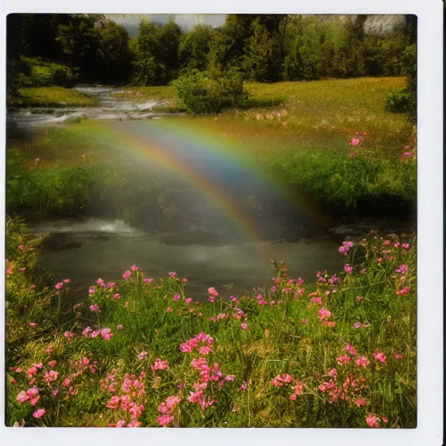 Image similar to very beautiful polaroid photo of a flower meadow by a stream on a sunny day with double rainbow