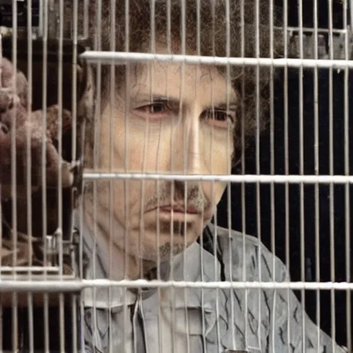 Image similar to bob dylan in a small cage at a pet store, his cage has a price tag