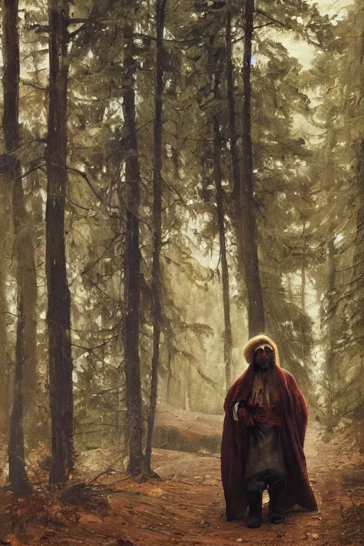 Prompt: Slavic dog head man, woolen torso in medieval clothes, walking in the forest, Orthodox Saint Christopher, oil painting, magic lights, painting by Viktor Vasnetsov, concept art, painting by Ivan Shishkin, hyperborea, hyperrealism, beautiful, high resolution, trending on artstation,