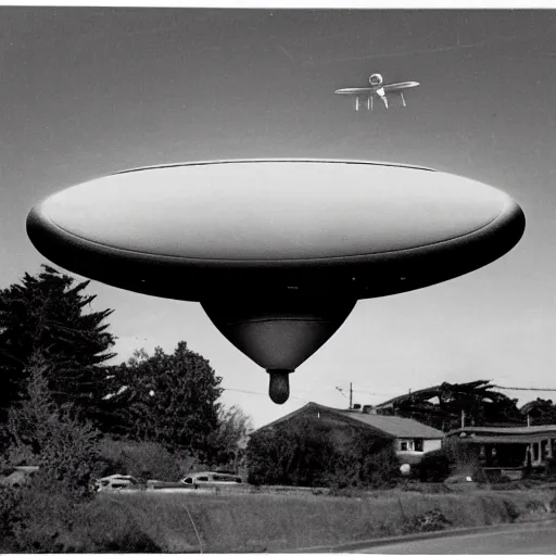 Prompt: vintage photo of a UFO hovering above eureka california