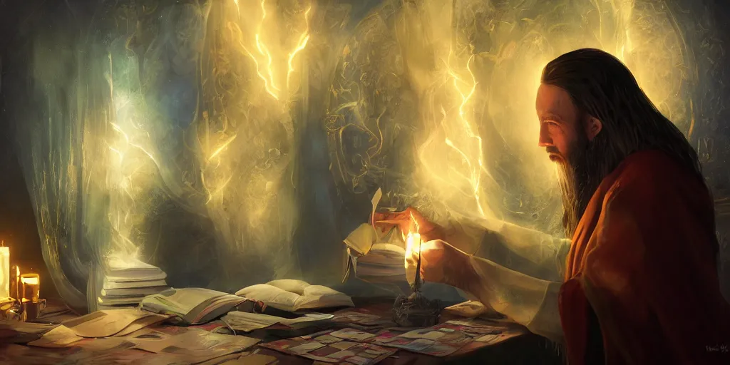Image similar to wizard performing a tarot reading, cards, fantasy, digital art, soft lighting, concept art, 8 k